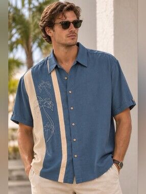 Cubavera Mens Colorblock Embroidered Button Up Size Large